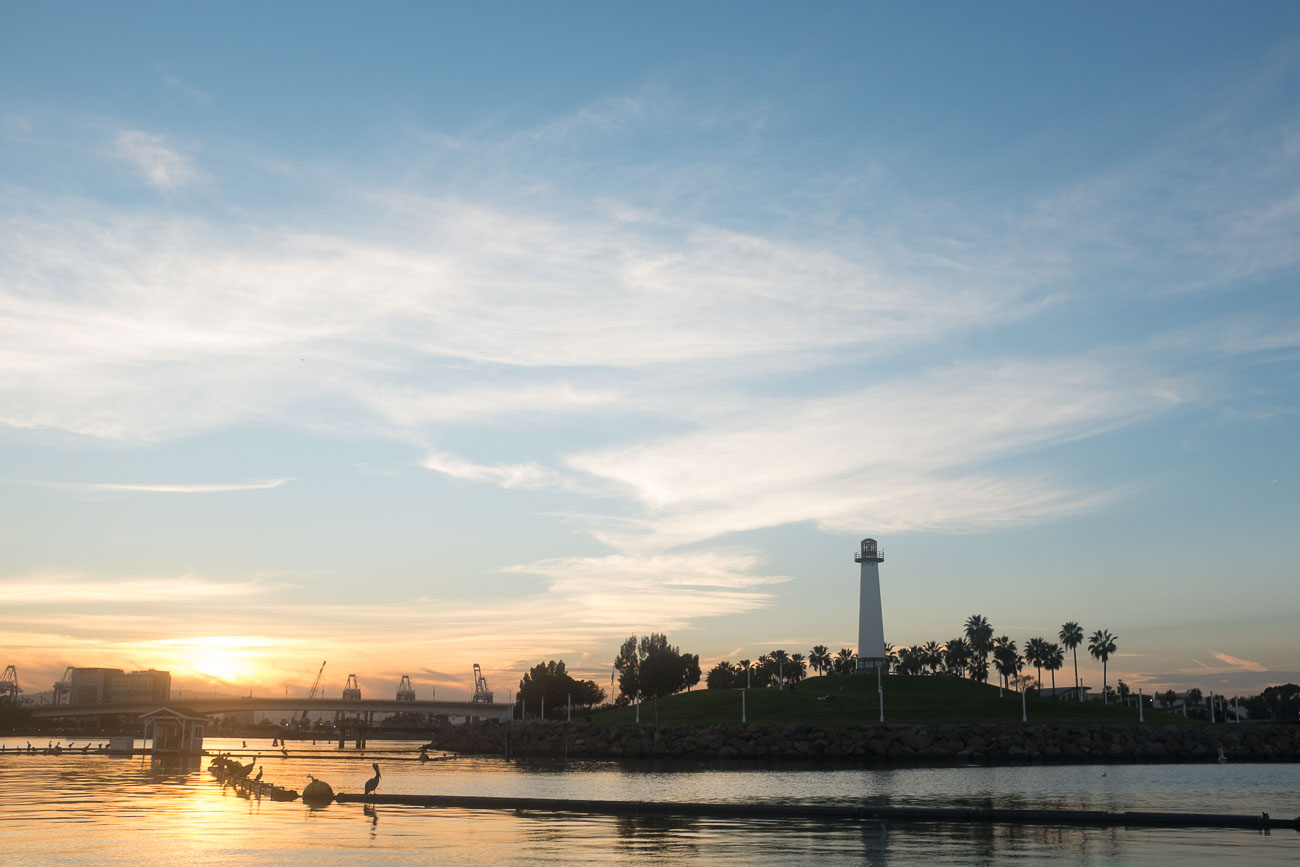 A lighthouse at sundown in Long Beach, CA